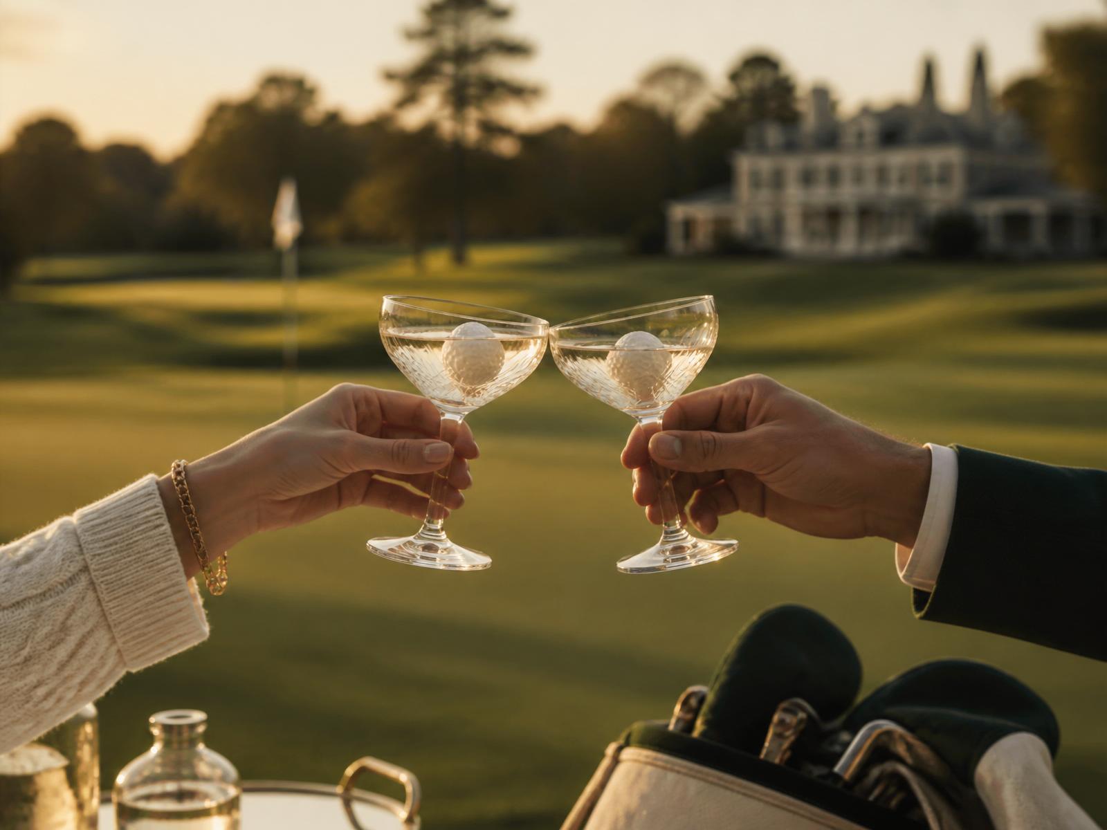 Two friends toasting on the golf course at golden hour